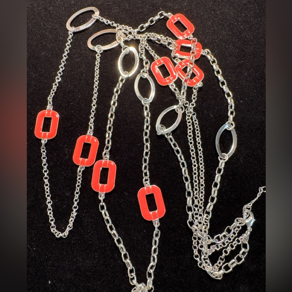 Silver-tone double-layered necklace orange/red enamel rectangle-oval links.